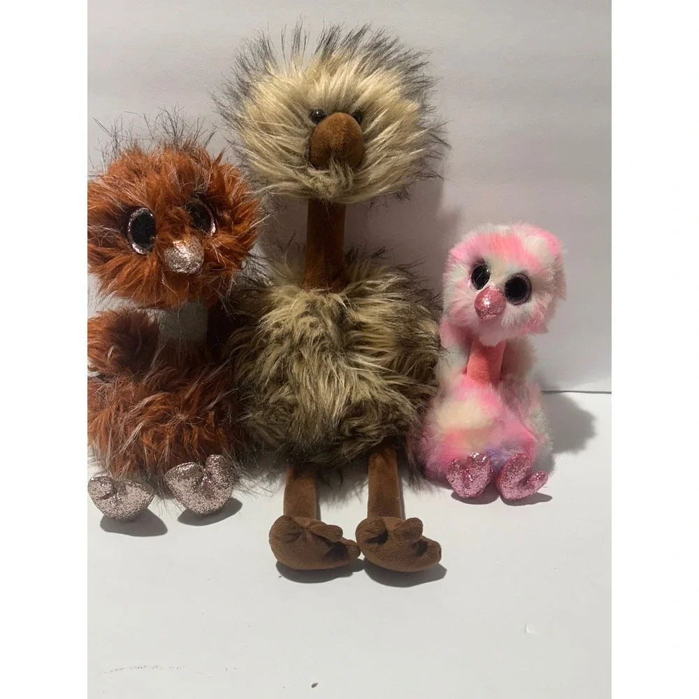 3 Shaggy Ostrich Lot Ty Beanie Boos Orson Avery Ostrich Bird Plush Pink Brown
